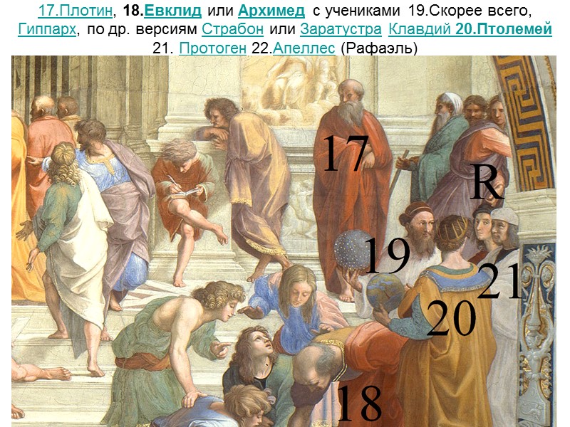 17.Плотин, 18.Евклид или Архимед с учениками 19.Скорее всего, Гиппарх, по др. версиям Страбон или